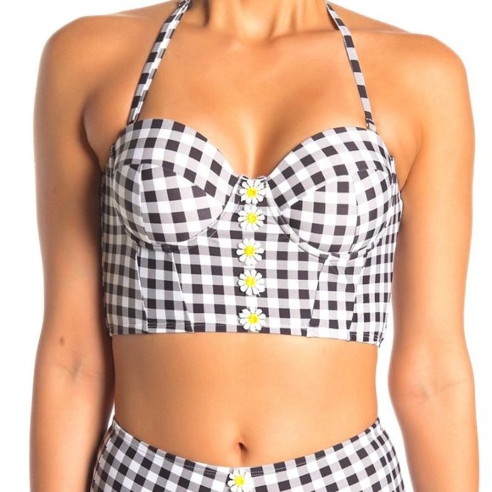 Betsey Johnson Black and White Gingham Daisy-Accent Bikini Top